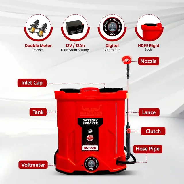 Balwaan Krishi Balwaan BS-22D Double Motor Battery Sprayer 20 Litre with 12x12 Battery, 4 Nozzles, 1+1 Extendable Lance, 45cm Spray Gun, Premium Shoulder Belt, Backrest Support & Delivery Pipe - MTAK-BA-SP-4859