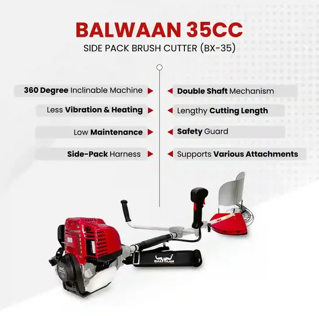 Balwaan Krishi Balwaan BX-35 Pro Side Pack Brush Cutter 35cc 4 Stroke Petrol Engine with 3T & 80T Blades, Trimmer Head, Nylon Rope, Double Shaft, Jacket Belt & Tool Kit - MTAK-EN-BR-6033