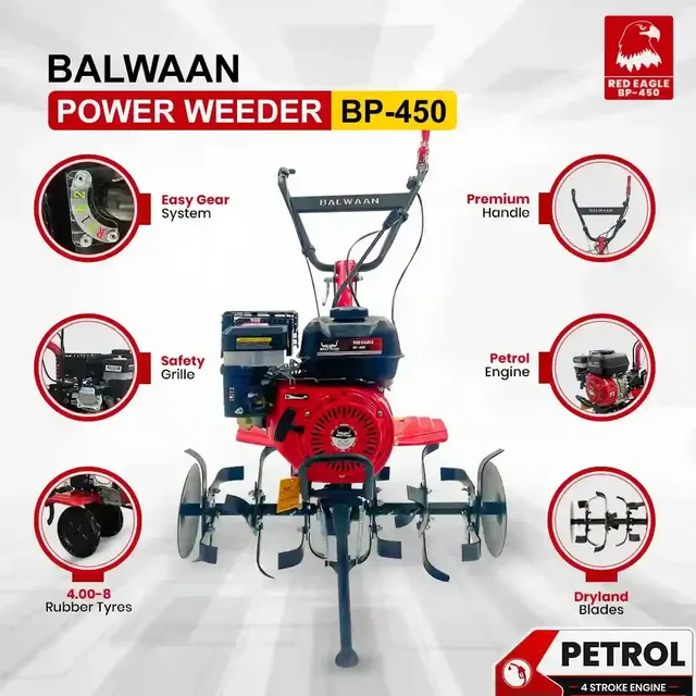 Balwaan Krishi Balwaan BP-450 Red Eagle 6.5HP 4-Stroke Petrol Power Weeder & Tiller | Lightweight Cultivator with 24 Blades, Disc & Tool Kit| MTAK-EN-PO-6004