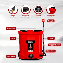 Balwaan Krishi Balwaan BS-22 Battery Sprayer 20 Litre with 12x12 Battery, 4 Nozzles, 1+1 Extendable Lance, Premium Shoulder Belt, Backrest Support & Delivery Pipe - MTAK-BA-SP-721