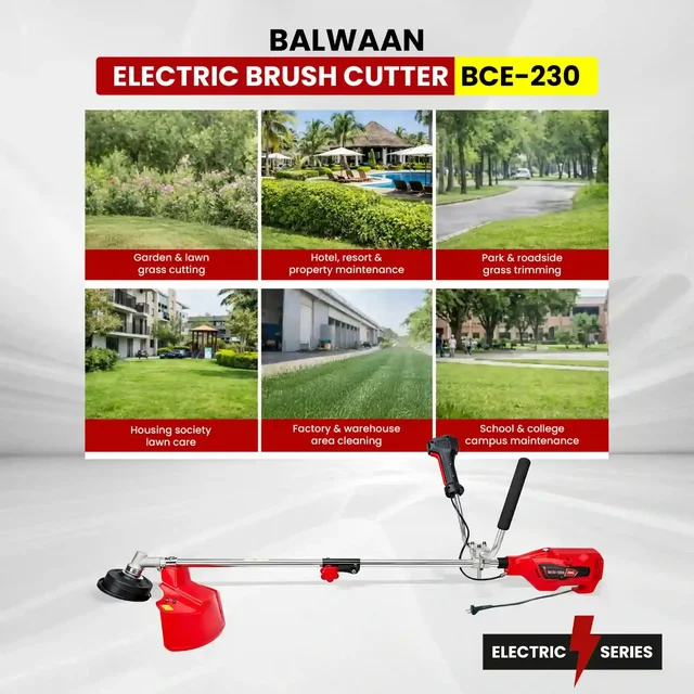Balwaan Krishi Balwaan BCE-230 Electric Brush Cutter 1400W Motor with Bike Handle, Split Shaft, Trimmer Head for 2mm Nylon Rope, Belt & 7500 RPM - MTAK-EL-BR-7059