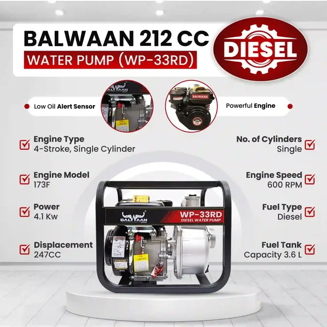Balwaan Krishi Balwaan WP-33RD Premium Diesel Water Pump 3x3 Inch 4 Stroke Diesel Engine with Oil Alert, Square Frame, Tool Kit & User Manual - MTAK-EN-WA-6018