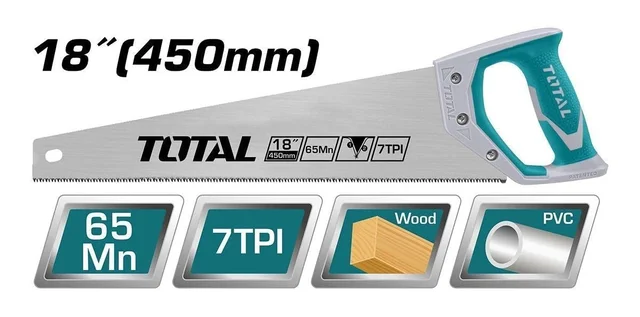 Total Tools TOTAL TOOLS Hand Saw 18"/450mm (0.9mm Blade Thickness, 7TPI), Heat-Treated Wood Cutting Saw with Teeth Protector - THT55186