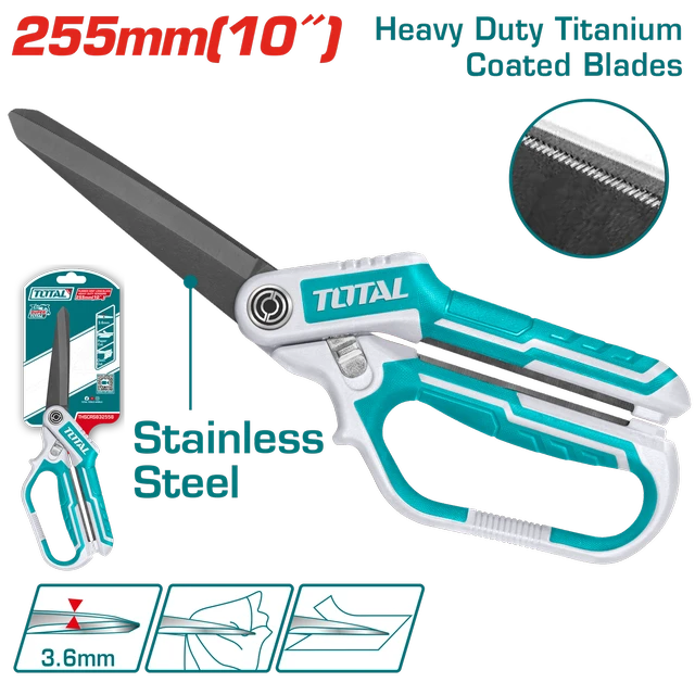 Total Tools TOTAL TOOLS 10" (255mm) Rubber Grip Long-Blade Heavy-Duty Scissors with 3.6mm Titanium-Plated Stainless Steel Serrated Blade and Spring-Loaded Ergonomic Handle - THSCRS832558