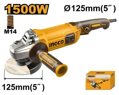 INGCO AG150028 1500W Angle Grinder | 9300 RPM | 125mm Disc | M14 Spindle Thread | Auxiliary Handle | Extra Carbon Brushes