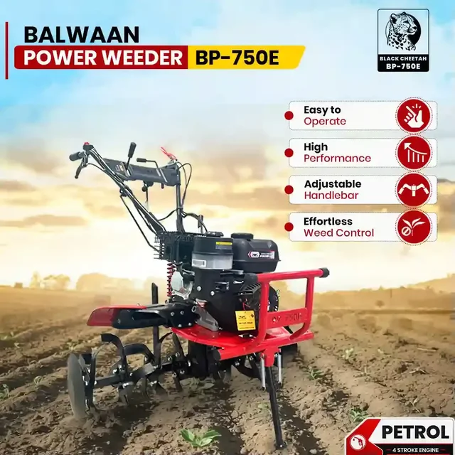 Balwaan Krishi Balwaan BP-750E Black Cheetah 7HP 4-Stroke Petrol Power Weeder & Tiller | Self-Start (SENST Battery), Mat Shocker & 32 Blades | MTAK-EN-PO-6005