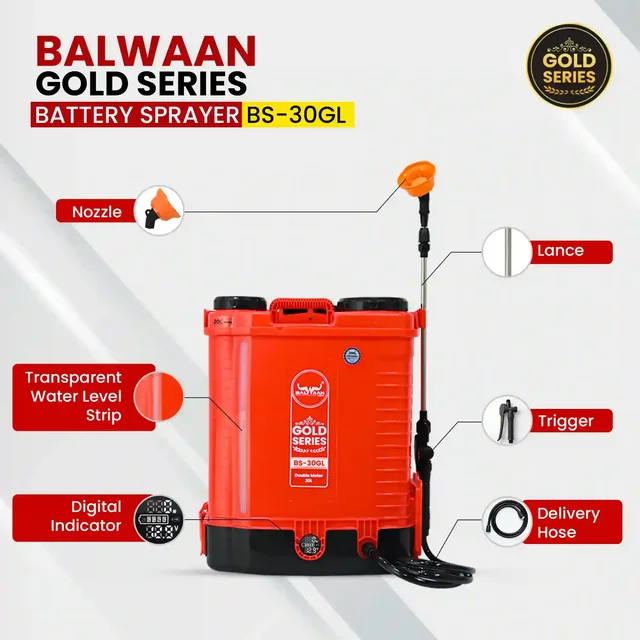 Balwaan Krishi Balwaan BS-30GL Gold Series Lithium Ion Battery Sprayer 12x12 Heavy Battery with 4 Nozzles, Extendable Lance, Spray Gun, 3-Way Lance, LED Bulb & Digital Voltmeter - MTAK-BA-SP-5590