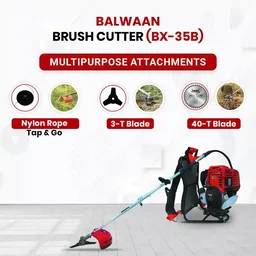Balwaan Krishi Balwaan BX-35B Backpack Brush Cutter 35cc 4 Stroke Petrol Engine with 3T & 40T Blades, Trimmer Head, Nylon Rope Bundle, Baffle Guard & Tool Kit - MTAK-EN-BR-697