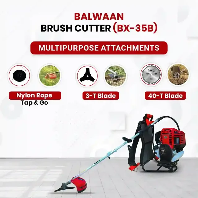 Balwaan Krishi Balwaan BX-35B Backpack Brush Cutter 35cc 4 Stroke Petrol Engine with 3T & 40T Blades, Trimmer Head, Nylon Rope Bundle, Baffle Guard & Tool Kit - MTAK-EN-BR-697