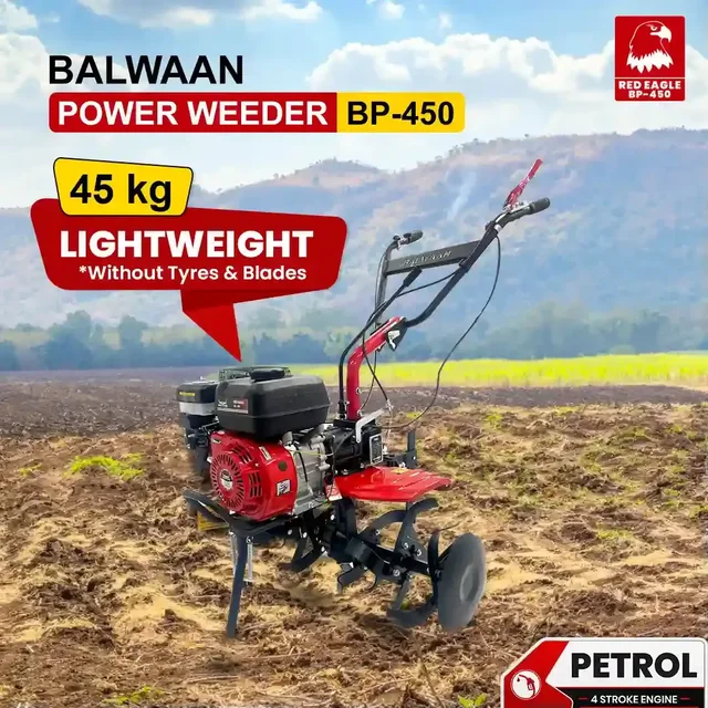 Balwaan Krishi Balwaan BP-450 Red Eagle 6.5HP 4-Stroke Petrol Power Weeder & Tiller | Lightweight Cultivator with 24 Blades, Disc & Tool Kit| MTAK-EN-PO-6004