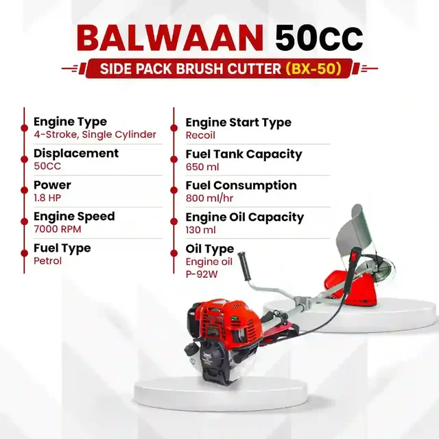 Balwaan Krishi Balwaan BX-50 Pro 50cc 4-Stroke Petrol Side Pack Brush Cutter | Double Shaft Lawn Mower with 3T, 80T Blades & Jacket Belt | MTAK-EN-BR-5387