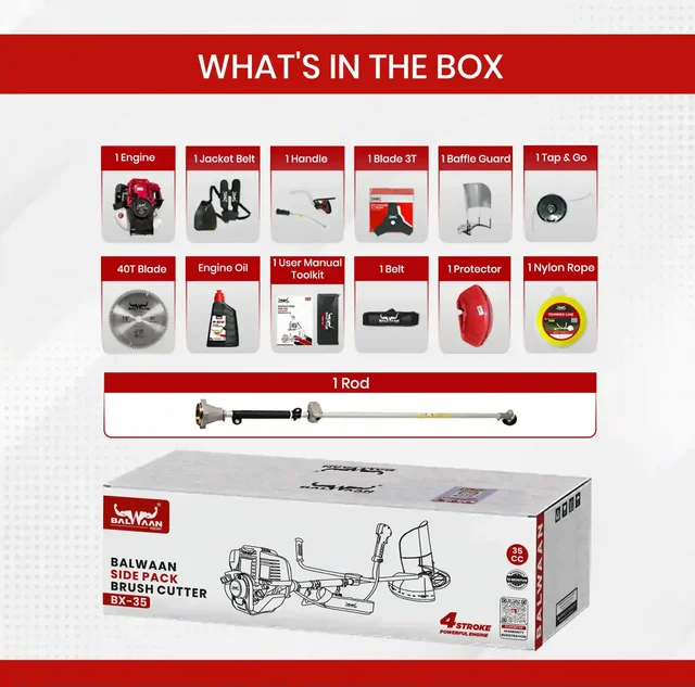 Balwaan Krishi Balwaan BX-35 Pro Side Pack Brush Cutter 35cc 4 Stroke Petrol Engine with 3T & 80T Blades, Trimmer Head, Nylon Rope, Double Shaft, Jacket Belt & Tool Kit - MTAK-EN-BR-6033