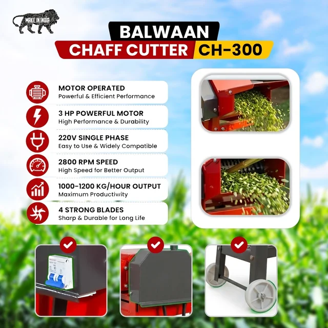 Balwaan Krishi Balwaan Chaff Cutter CH-300 With 3 HP Motor & Gear | Motor Operated Fodder Cutting Machine With 4 Slide Blades & 2-Size Chaff Gears | 2800 Rpm Wet & Dry Fodder Cutter With Forward & Reverse Switch | Dairy & Agriculture Fodder Chopping Machine | Mtak-El-Po-6063/7072