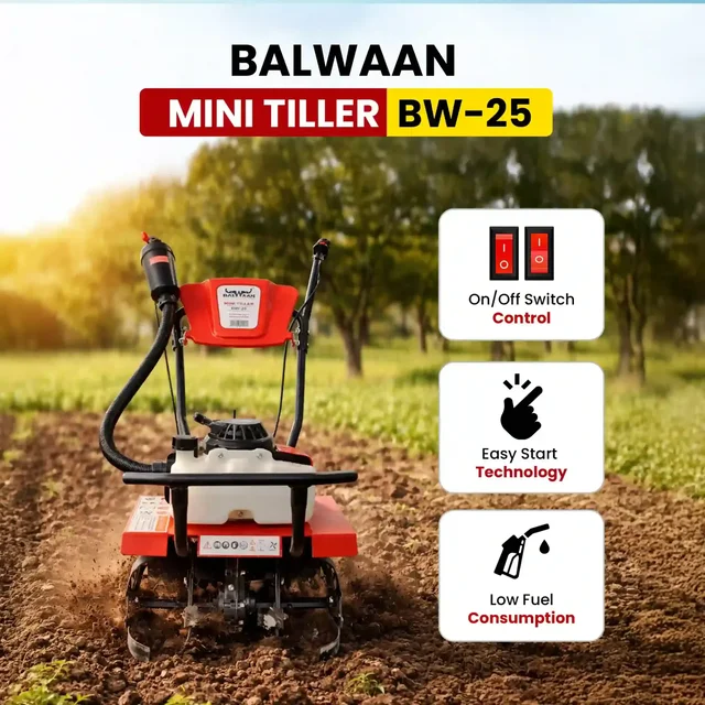 Balwaan Krishi Balwaan BW-25 Mini Tiller 63cc 2-Stroke Petrol Power Weeder | Garden Cultivator with 16 Blades & Tool Kit| MTAK-EN-PO-980