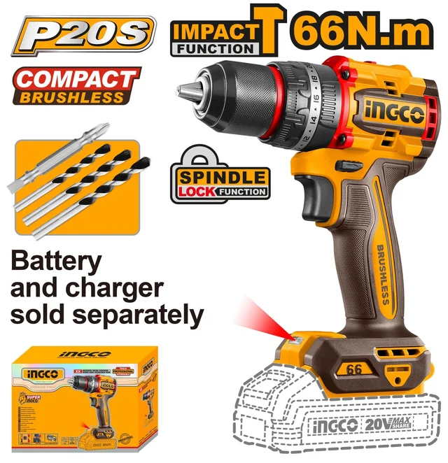 INGCO CIDLI206681 20V Cordless Impact Drill Driver | 66Nm Max Torque | 30,000 BPM | 2-Speed 0-500/0-2000 RPM | 13mm Metal Chuck | Spindle Lock | LED Work Light