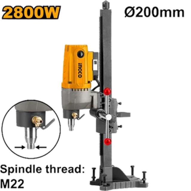 INGCO DDM28001 2800W Diamond Core Drill | 800 RPM | 200mm Max Drilling Diameter | M22 Spindle Thread | Drilling Stand | Leakage Protection