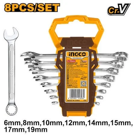 INGCO HKSPA1088 8-Piece Combination Spanner Set | 6-19mm | Fine Polished | Metric Wrench Set
