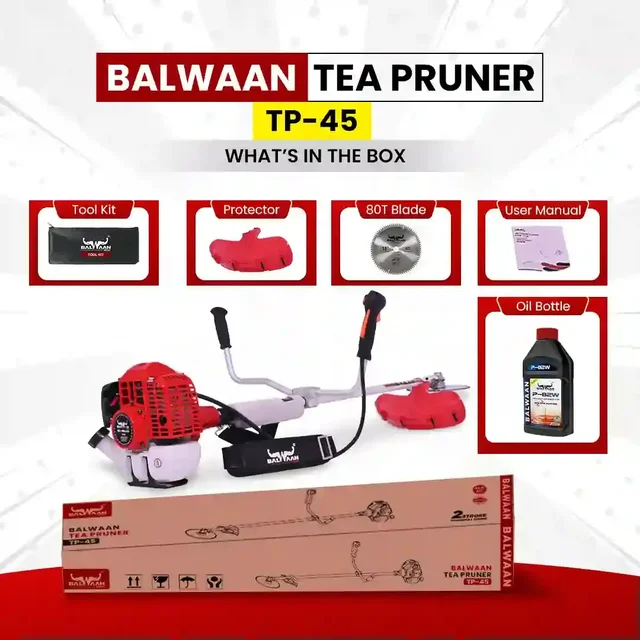 Balwaan Krishi Balwaan TP-45 Tea Pruner 41.5cc 2 Stroke Petrol Side Pack Tea Harvester with 100T Carbide Blade, 90 Gear Head, Single Shaft & Side Belt - MTAK-EN-TE-6027