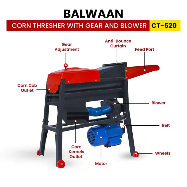 Balwaan Krishi Balwaan CT-520 Corn Thresher With Gear, Blower & 1.3 HP Motor | 2800 Rpm Motor Operated Maize & Corn Threshing Machine | Gear-Driven Agricultural Thresher With Blower For Efficient Corn Threshing & Grain Separation | With User Manual | Mtak-El-Co-6013