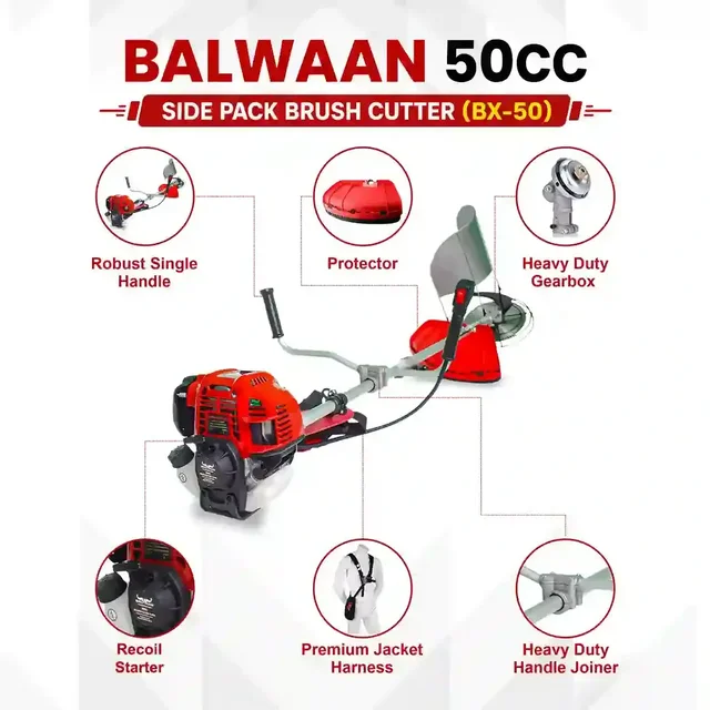 Balwaan Krishi Balwaan BX-50 Pro 50cc 4-Stroke Petrol Side Pack Brush Cutter | Double Shaft Lawn Mower with 3T, 80T Blades & Jacket Belt | MTAK-EN-BR-5387