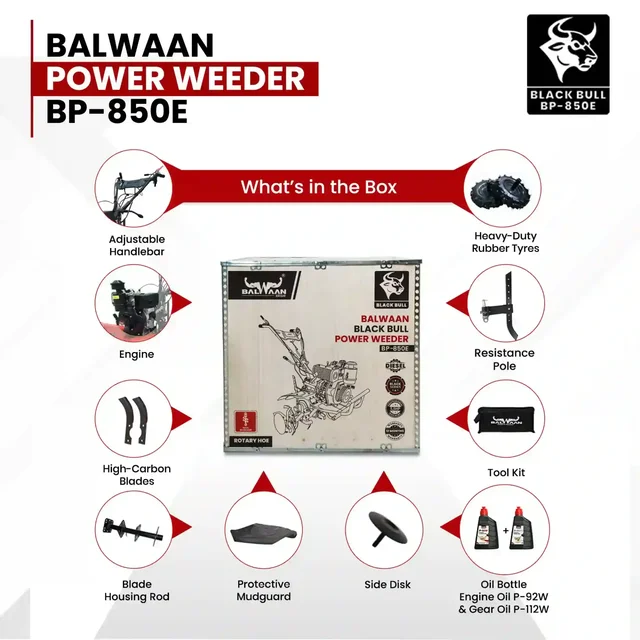 Balwaan Krishi Balwaan BP-850E Black Bull 5.5HP 4-Stroke Diesel Power Weeder & Tiller | Self-Start (SENS Battery), Mat Shocker & 32 Blades| MTAK-EN-PO-6007