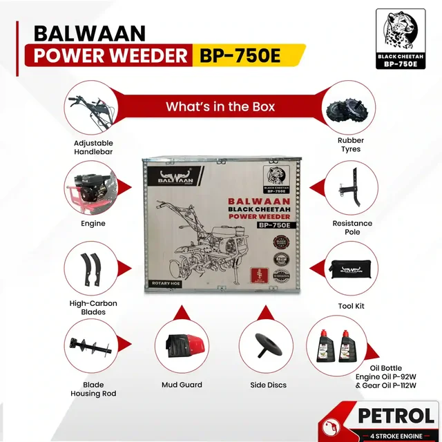Balwaan Krishi Balwaan BP-750E Black Cheetah 7HP 4-Stroke Petrol Power Weeder & Tiller | Self-Start (SENST Battery), Mat Shocker & 32 Blades | MTAK-EN-PO-6005