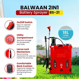 Balwaan Krishi Balwaan BS-21 2-in-1 Battery Sprayer 18 Litre with 12x8 2-in-1 Battery, 4 Nozzles, 1+1 Extendable Lance, Premium Shoulder Belt, Backrest Support & Delivery Pipe - MTAK-BA-SP-724