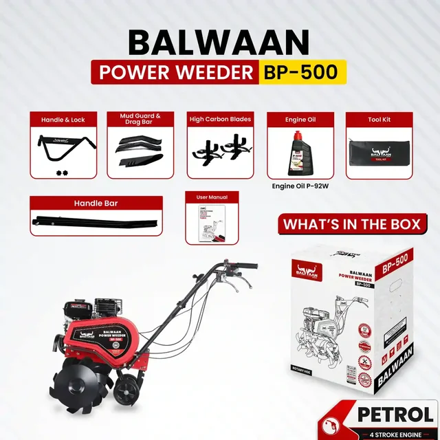 Balwaan Krishi Balwaan BP-500 Lightweight 7HP 4-Stroke Petrol Power Weeder & Tiller | Multi-Pulley Drive Technology (MPDT) with 24 Blades & Disc| MTAK-EN-PO-6031