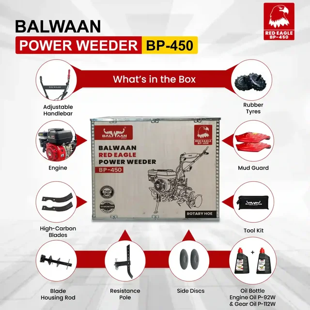 Balwaan Krishi Balwaan BP-450 Red Eagle 6.5HP 4-Stroke Petrol Power Weeder & Tiller | Lightweight Cultivator with 24 Blades, Disc & Tool Kit| MTAK-EN-PO-6004
