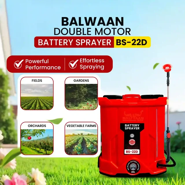 Balwaan Krishi Balwaan BS-22D Double Motor Battery Sprayer 20 Litre with 12x12 Battery, 4 Nozzles, 1+1 Extendable Lance, 45cm Spray Gun, Premium Shoulder Belt, Backrest Support & Delivery Pipe - MTAK-BA-SP-4859
