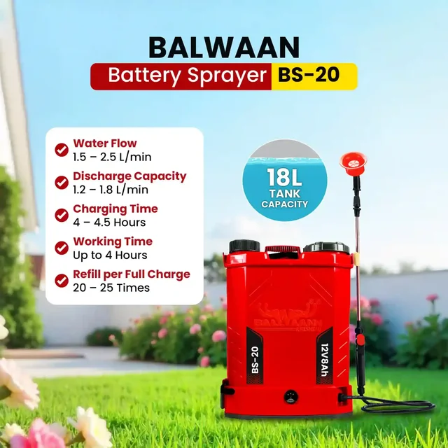 Balwaan Krishi Balwaan BS-20 Battery Sprayer 18 Litre with 12x8 Battery, 4 Nozzles, 1+1 Extendable Lance, Premium Shoulder Belt, Backrest Support & Delivery Pipe - MTAK-BA-SP-723