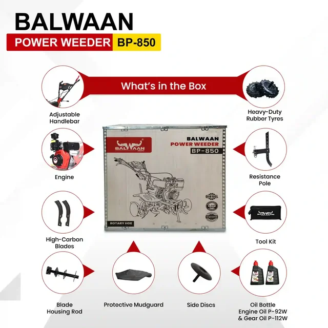 Balwaan Krishi Balwaan BP-850 5.5HP 4-Stroke Diesel Power Weeder & Tiller | Heavy-Duty Agricultural Cultivator with 32 Blades & Disc| MTAK-EN-PO-6006