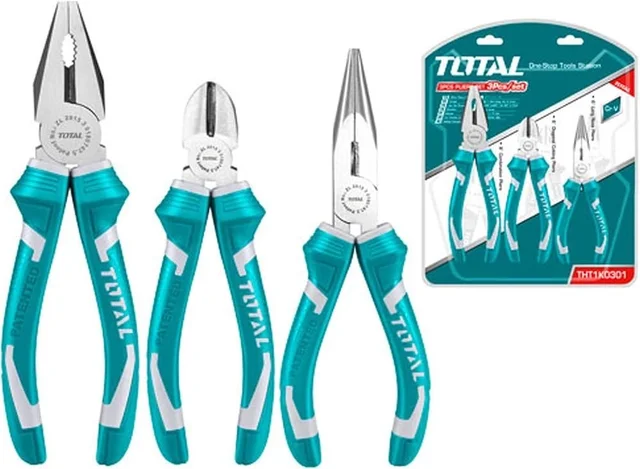 Total Tools TOTAL TOOLS 3-Piece Pliers Set (8" Combination Pliers, 6" Long Nose Pliers, and 6" Diagonal Cutting Pliers) with Polish, Anti-Rust Oil, and Two-Color Handles - THT1K0301