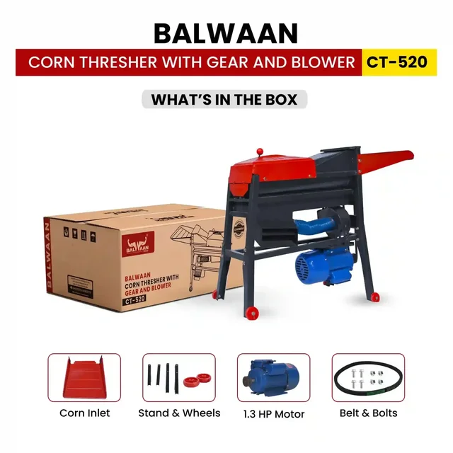 Balwaan Krishi Balwaan CT-520 Corn Thresher With Gear, Blower & 1.3 HP Motor | 2800 Rpm Motor Operated Maize & Corn Threshing Machine | Gear-Driven Agricultural Thresher With Blower For Efficient Corn Threshing & Grain Separation | With User Manual | Mtak-El-Co-6013