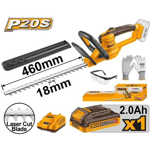 INGCO CHTLI20461 20V Cordless Hedge Trimmer | 2800 SPM | 460mm Laser-Cut Blade | 18mm Cutting Capacity | 2.0Ah Battery & Charger | Safety Goggles & Gloves