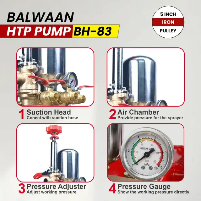 Balwaan Krishi Balwaan BH-83 HTP Pump 2 Mouth 1/2 + 1 Mouth 1/4 with 5 Inch Iron Pulley, Wire Overflow Hose, Suction Hose, Accessories Bag & User Manual - MTAK-SP-HT-7048