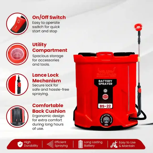Balwaan Krishi Balwaan BS-22 Battery Sprayer 20 Litre with 12x12 Battery, 4 Nozzles, 1+1 Extendable Lance, Premium Shoulder Belt, Backrest Support & Delivery Pipe - MTAK-BA-SP-721