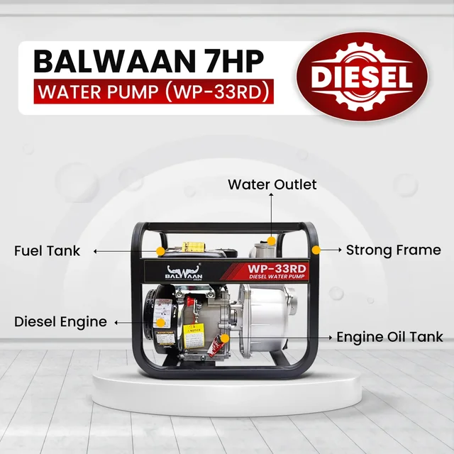Balwaan Krishi Balwaan WP-33RD Premium Diesel Water Pump 3x3 Inch 4 Stroke Diesel Engine with Oil Alert, Square Frame, Tool Kit & User Manual - MTAK-EN-WA-6018