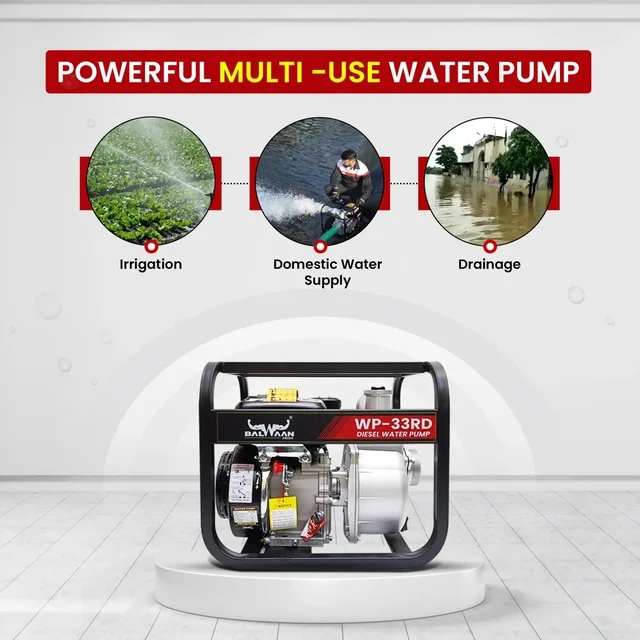 Balwaan Krishi Balwaan WP-33RD Premium Diesel Water Pump 3x3 Inch 4 Stroke Diesel Engine with Oil Alert, Square Frame, Tool Kit & User Manual - MTAK-EN-WA-6018