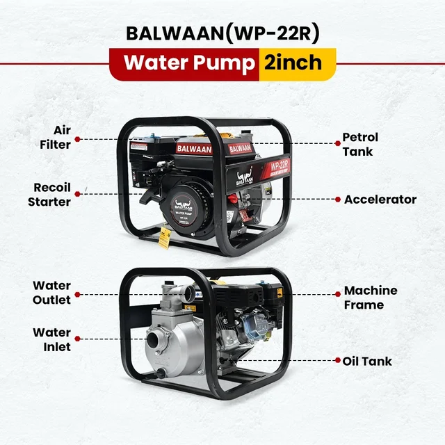 Balwaan Krishi Balwaan WP-22R Premium Water Pump 2x2 Inch 4 Stroke Petrol Engine with Oil Alert, Square Frame, Tool Kit & User Manual - MTAK-EN-WA-4972