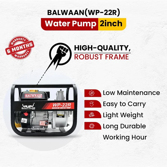 Balwaan Krishi Balwaan WP-22R Premium Water Pump 2x2 Inch 4 Stroke Petrol Engine with Oil Alert, Square Frame, Tool Kit & User Manual - MTAK-EN-WA-4972