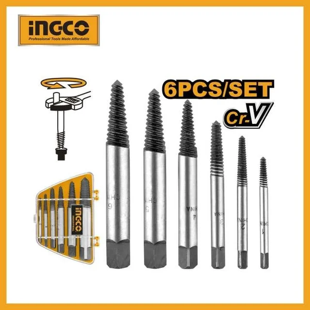 INGCO ASE106 6-Piece Cr-V Bolt Extractor Set | 3-25mm | 48-52HRC | Coarse Thread | Damaged Bolt Remover