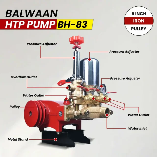 Balwaan Krishi Balwaan BH-83 HTP Pump 2 Mouth 1/2 + 1 Mouth 1/4 with 5 Inch Iron Pulley, Wire Overflow Hose, Suction Hose, Accessories Bag & User Manual - MTAK-SP-HT-7048