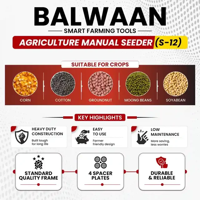 Balwaan Krishi Balwaan S-12 12-Tooth Hand Push Manual Seeder with 8.5cm Adjustable Sowing Depth & 10-Size Roller Set - MTAK-MA-HA-6001