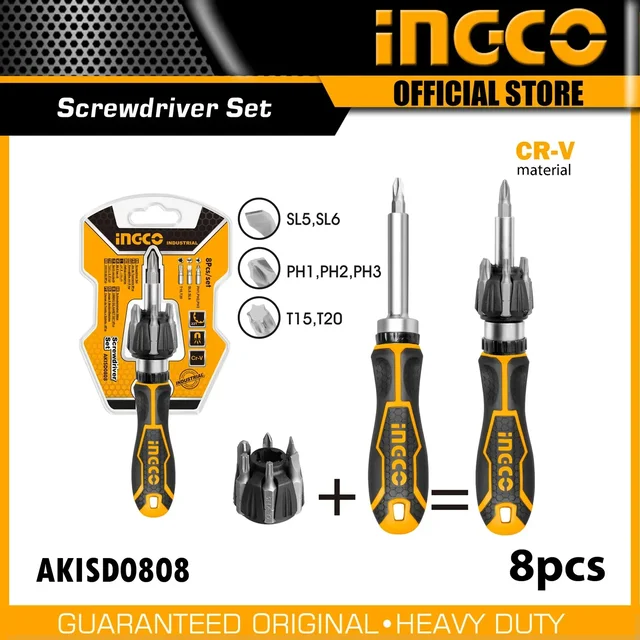 INGCO AKISD0808 8-Piece Ratchet Screwdriver Set | 7 Bits | SL, PH, T15 & T20 | High Quality Ratchet Handle