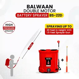 Balwaan Krishi Balwaan BS-22D Double Motor Battery Sprayer 20 Litre with 12x12 Battery, 4 Nozzles, 1+1 Extendable Lance, 45cm Spray Gun, Premium Shoulder Belt, Backrest Support & Delivery Pipe - MTAK-BA-SP-4859