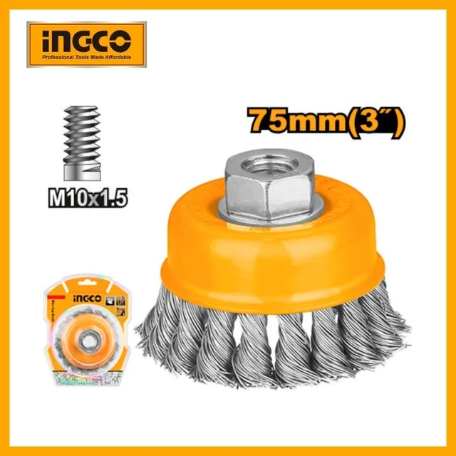 INGCO WB20752 75mm 3" Wire Cup Brush | M10x1.5 Thread | 0.5mm Wire | 12500 RPM | Rust & Paint Removal