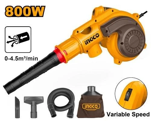 INGCO AB8038 800W Variable Speed Electric Air Blower | 0-15000 RPM | 0-4.5m�/min Airflow | Dust Bag | Flexible Tube | 2 Suction Nozzles