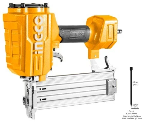 INGCO ACN18641 18-64mm Pneumatic Nail Gun | 70-Nail Capacity | 2.2mm Nail Diameter | 5-8 Bar (75-116 PSI) | Professional Air Nailer