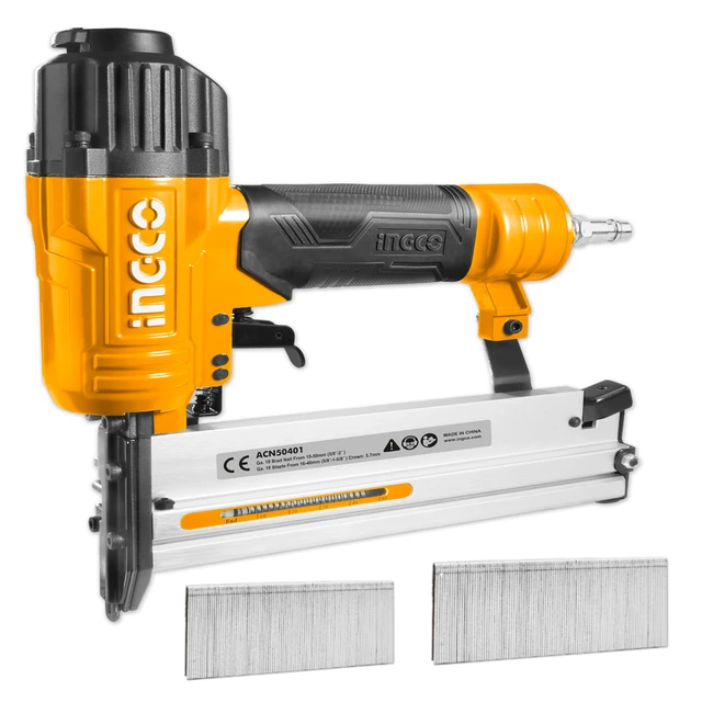 INGCO ACN50401 2-in-1 Pneumatic Brad Nailer & Stapler | 15-50mm Brad Nails | 16-40mm Staples | 18 Gauge | 100-Piece Capacity | 1000 Brad Nails Included